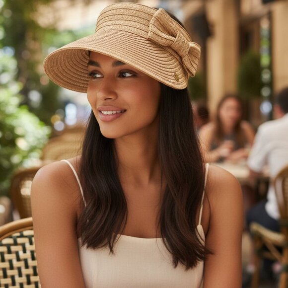 BETSEY JOHNSON Blush Mauve Paper Hat Cabow Cutie Straw Sun Visor Wide Brim - Picture 1 of 16